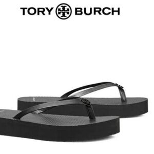 New Tory Burch Flatform Solid Black Flip Flop Sandals PU/EVA Sole Logo sz 8